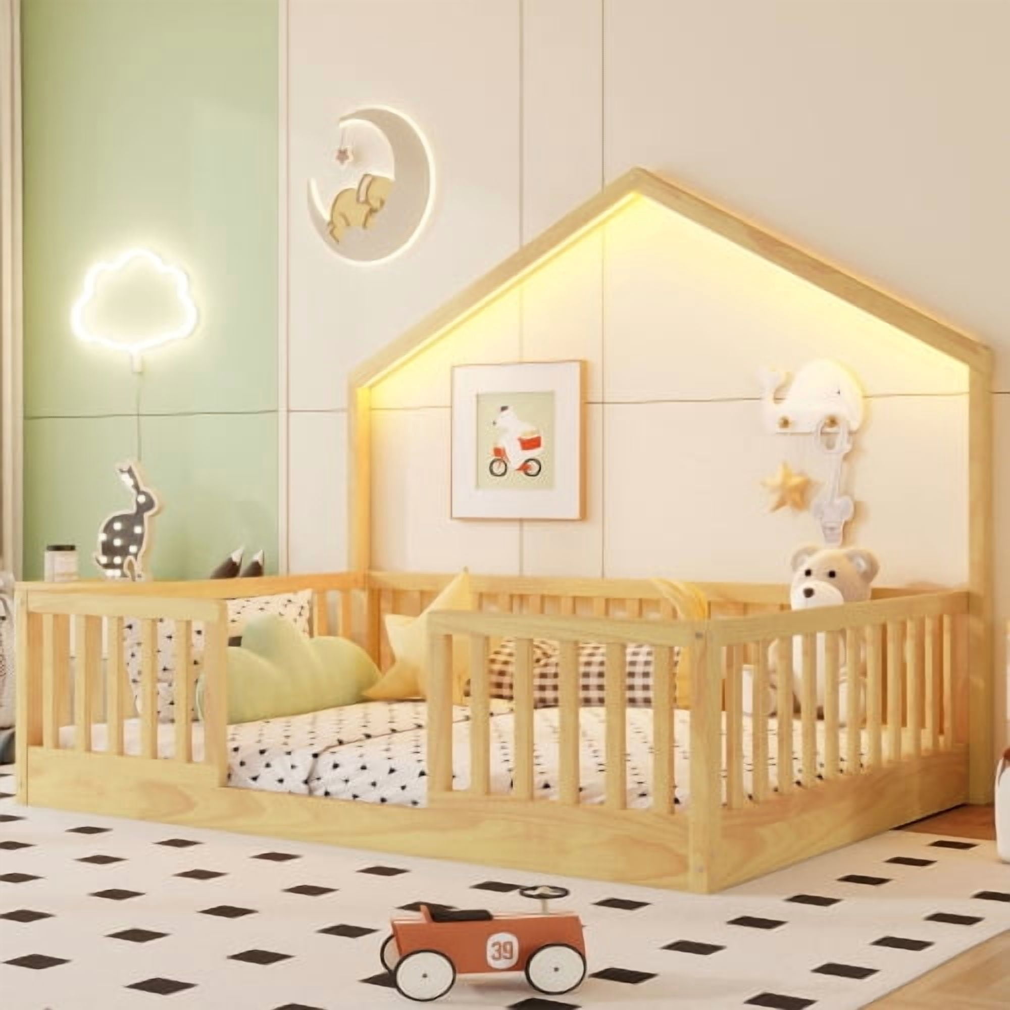 Full Size Montessori Kids Floor Bed with House Frame, LED Strip Light & High Safety Guardrails, Pine Wood Low Platform Bed Frame No Box Spring Needed, Max 300 LBS for Boys Girls