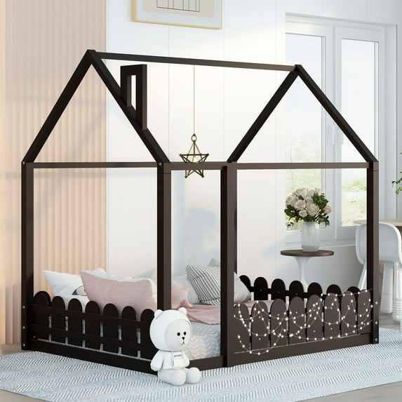Full Size Montessori Toddler Bed, Wood House Floor Bed with Fence, Cabin Bed Frame for Toddlers Kids Boys Girls (Espresso, Full)