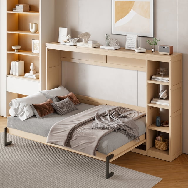 View of Full Size Murphy Bed with Bookshelf, Space-Saving Hidden Bed with 3 ...