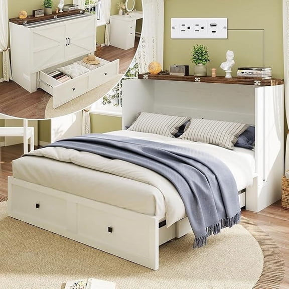 VanAcc Full Size Murphy Bed with Charging Station, Cabinet Bed with Large Storage Drawer for Small Room, Hideaway Bed Full Foldable, White