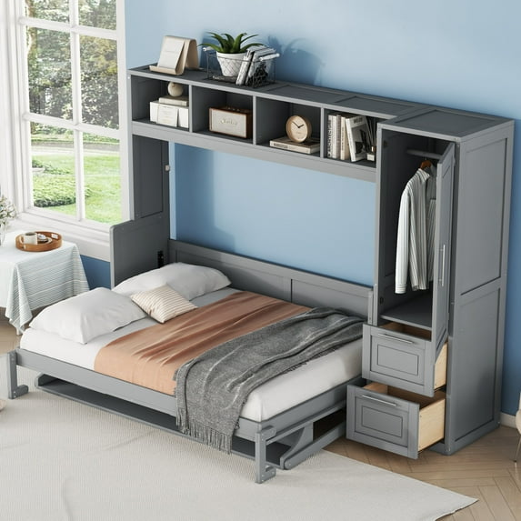 Full Size Murphy Bed, Closet and Drawers, Wall Bed with Storage Shelves and Cabinet, Wood Bed Frame with Support Slats, Folding Bed for Guest Room Small Room, Space Saving, Gray