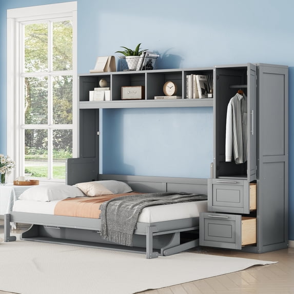 Full Size Murphy Bed with Closet and Drawers, Wall Bed with Built-in Top Shelf, Can Be Folded Into A Cabinet, for Guest Room Small Room, Space Saving & No Box Spring Needed, Gray