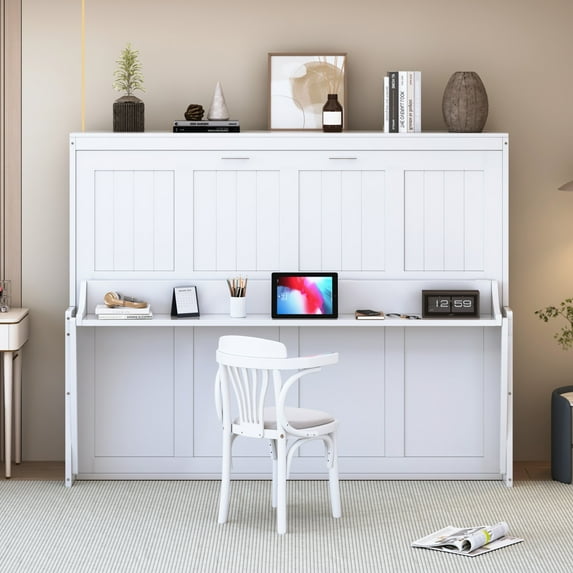 Full Size Murphy Bed with Desk, Space-Saving Folding Wall Bed with Built-in Storage, Durable Pine Wood Frame for Guest Room or Home Office, White Finish