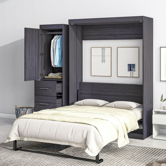 Full Size Murphy Bed - Gray, Folding Wall Bed with Wardrobe & Drawers, Space-Saving Storage for Bedroom/Home Office, Metal Frame