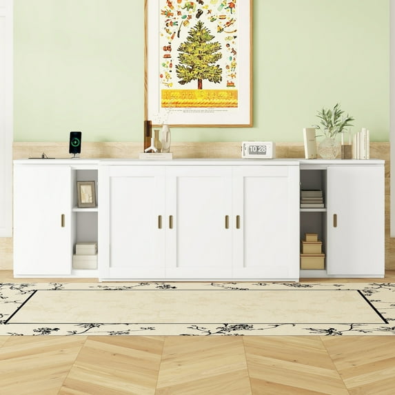 Full Size Murphy Bed with Shelves, Cabinets and USB Ports, Foldable Floor Bed Frame Wall Bed Cube Bed, Murphy Bed Cabinet for Home Office or Small Room, Can be Foldable/Space Saving, White