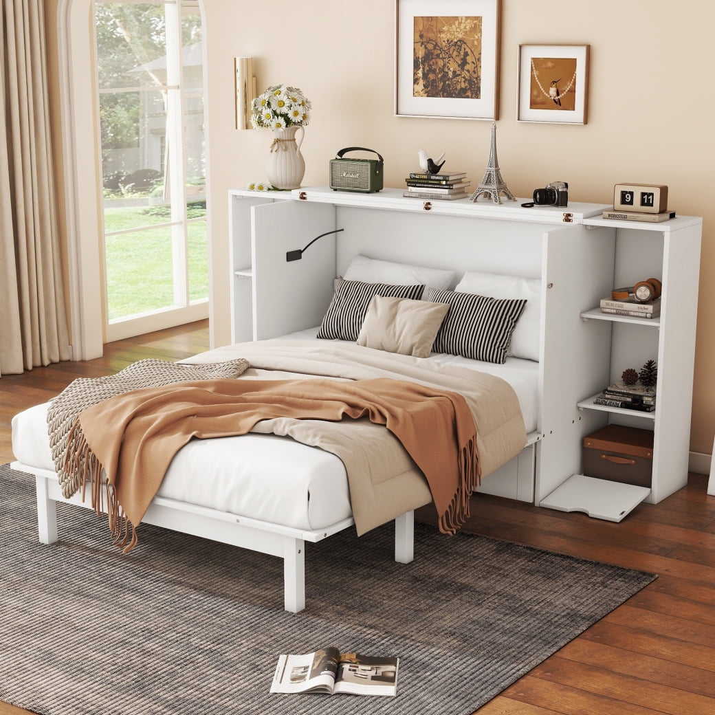 Full Size Murphy Bed with Shelves & Drawers, Multi-Functional Bed with ...