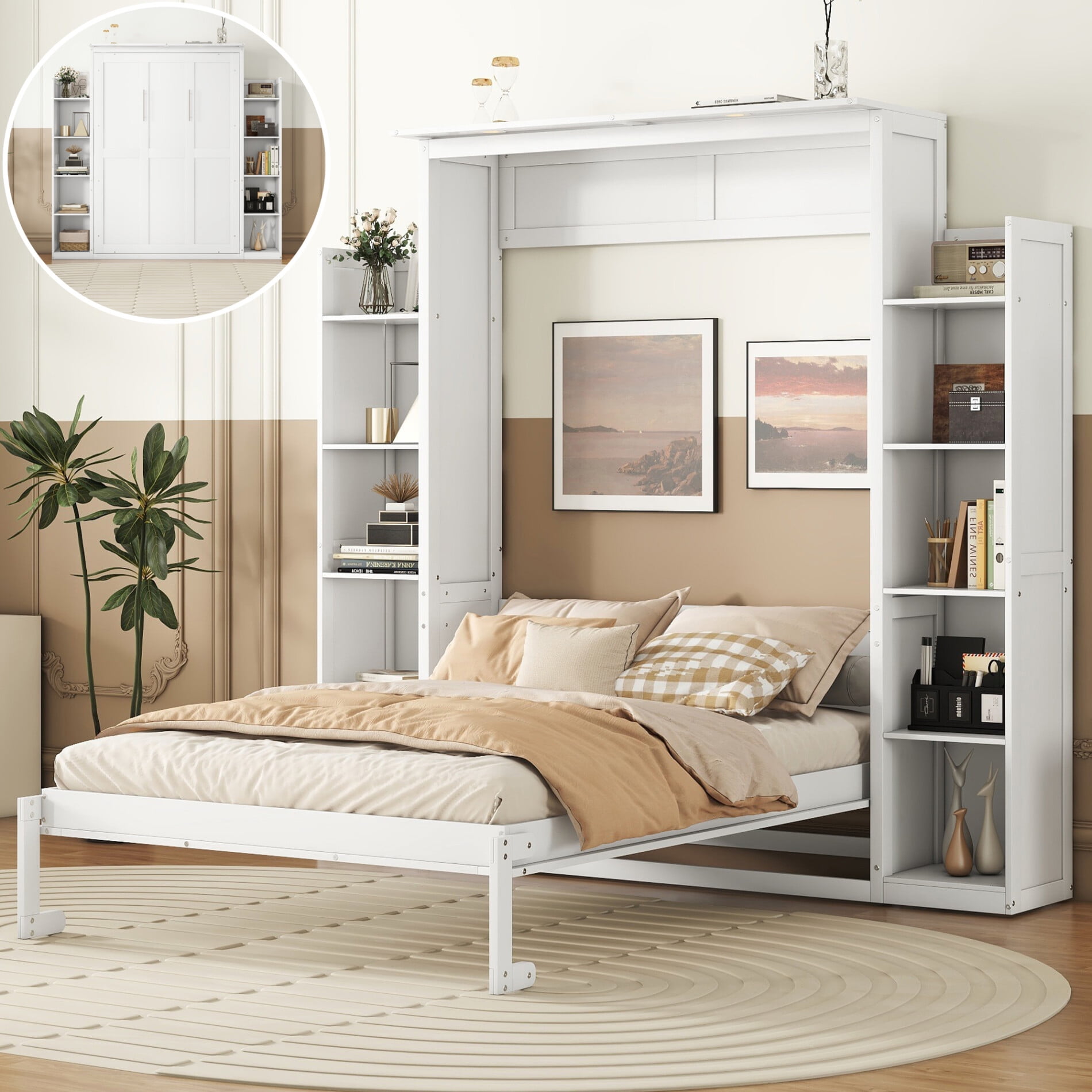 Full Size Murphy Bed Space Saving Wall Bed with Storage Shelves LED Lights Modern Muti Functional Cabinet Bed for Guest Room Home Office White