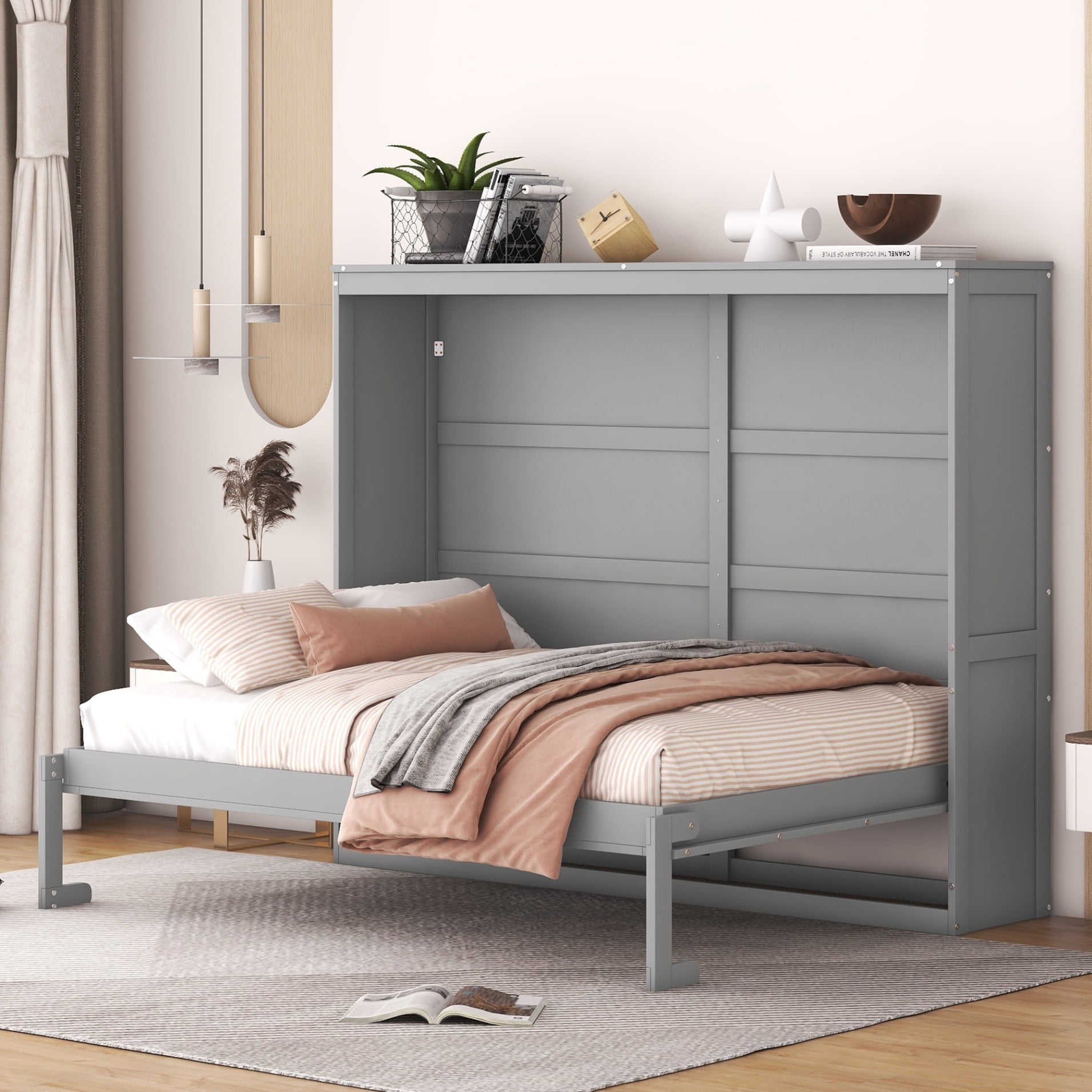 Full Size Murphy Bed Wall Bed Solid Wood Muti Functional Cube Cabinet Bed Hide a Bed on a Cabinet Full Platform Bed for Home Office Guest Room No Box Spring Needed Gray