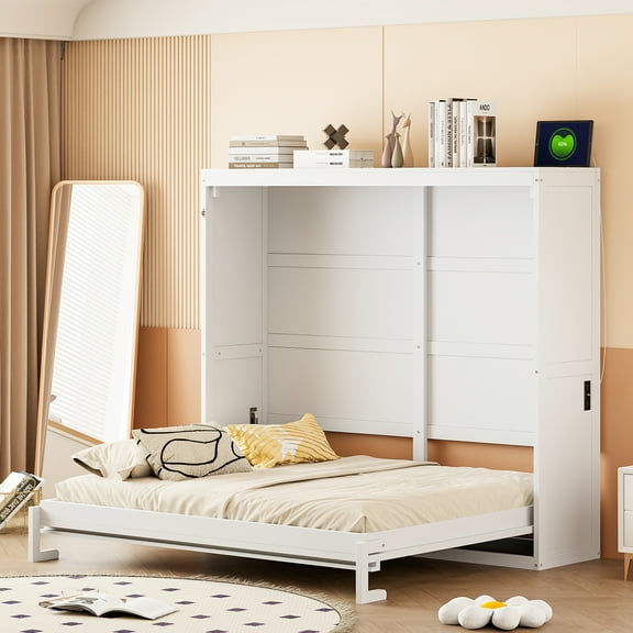 Full Size Murphy Bed Wall Bed with Storage Cabinet, Space Saving Foldable Bed for Guest Room & Small Apartments, White Modern Design, No Box Spring Needed