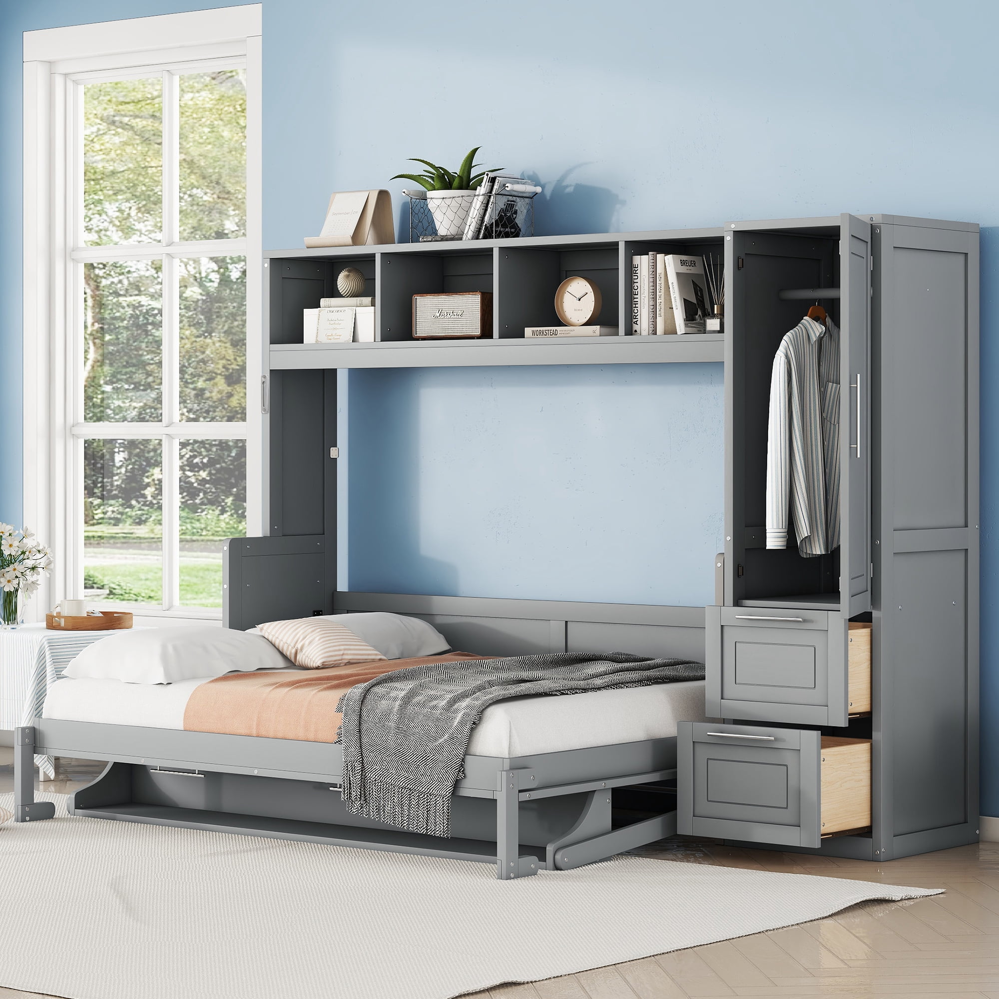 Full Size Murphy Bed Wall Bed with Closet, 2 Drawers and Open Shelves, for Space-Saving Guest Room