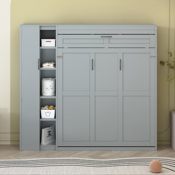 Full Size Murphy Bed Wall Bed with Shelves, Wardrobe and LED Lights, Gray