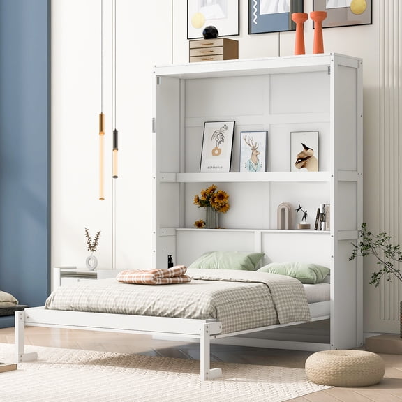 Full Size Murphy Bed Wall Bed with Shelves,White