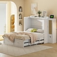 thumbnail image 1 of Full Size Murphy Bed Wall Bed with Drawer and Rattan Decoration with 2 Storage Cabinets, One set of Sockets & USB Ports, Pulley Structure Design, White, 1 of 27