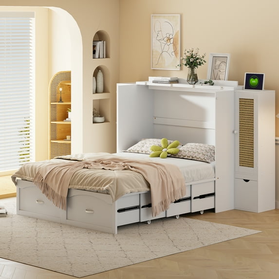 Full Size Murphy Bed Wall Bed with Drawer and Rattan Decoration with 2 Storage Cabinets, One set of Sockets & USB Ports, Pulley Structure Design, White