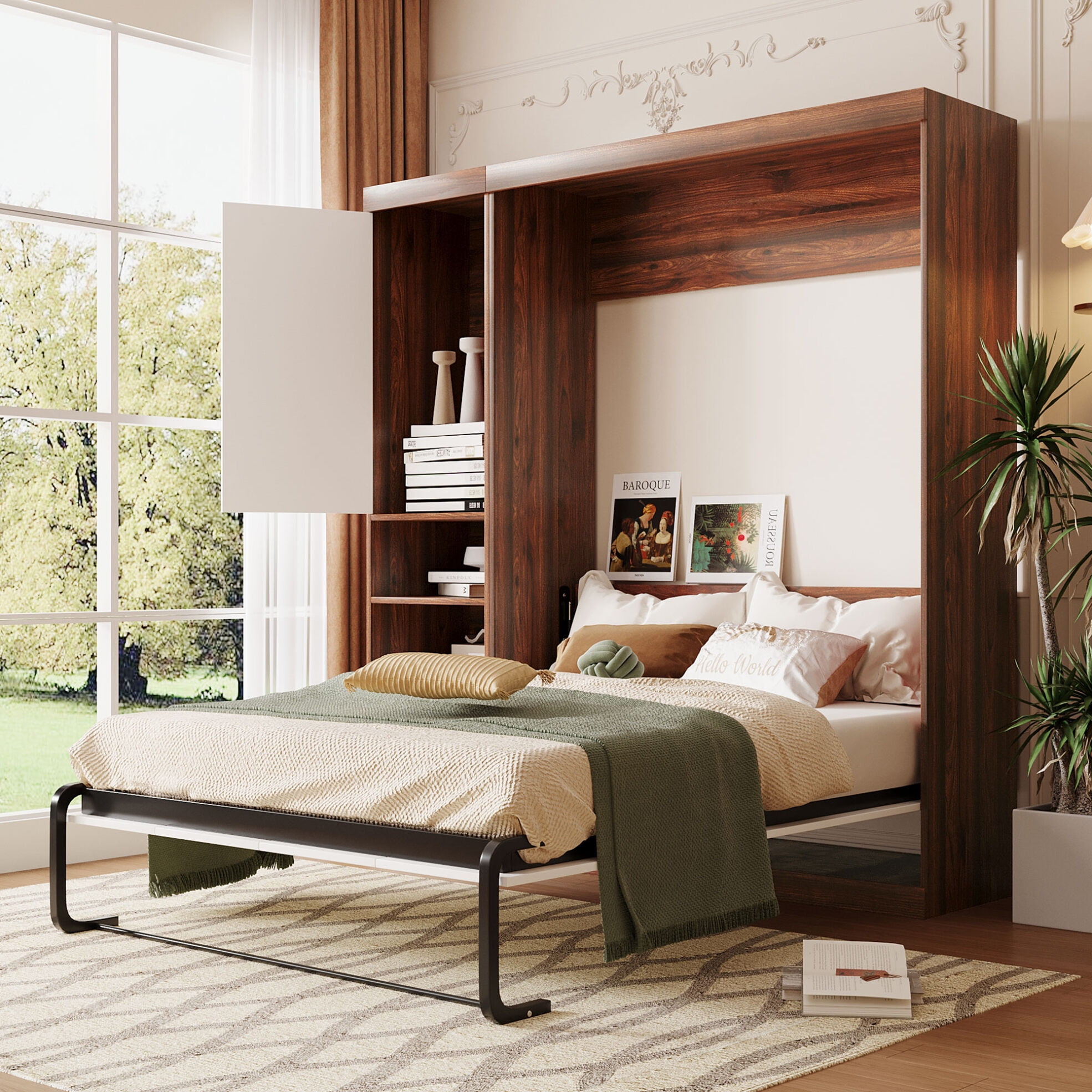 Full Size Murphy Bed,Wood Wall Bed with Storage Cabinet and 2 Drawers ...