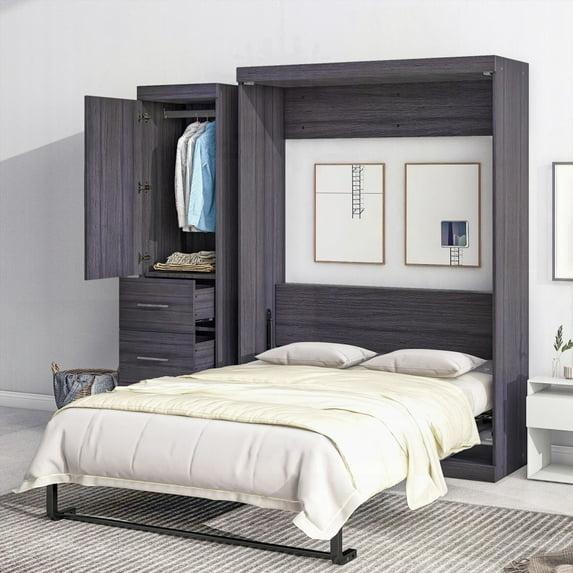 Gray Full Size Murphy Bed - Includes 1 Wardrobe & 3 Drawers, Folds Easily!