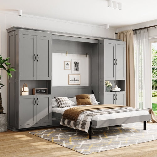Full-Size Murphy Bed with 2 Sliding Cabinets and 12 Open Shelves, Hydraulic Hidden Wall Bed System, Space-Saving Design for Modern Homes, Gray