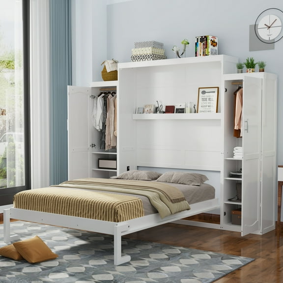 Full Size Murphy Bed with 2 Wardrobe and Storage Shelf, Multifunctional Foldable Platform Bedframe for Guest-Room, Bedroom, White