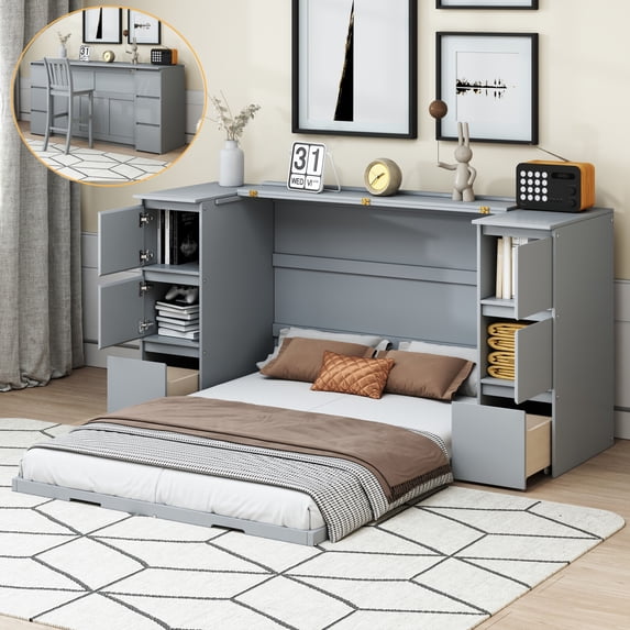 Full Size Murphy Bed with 6 Drawers, Cabinets & 1 Chair, Wall Bed with USB Port & Type C Port for Small Space, Bedroom, Living Room, Dormintory, Gray