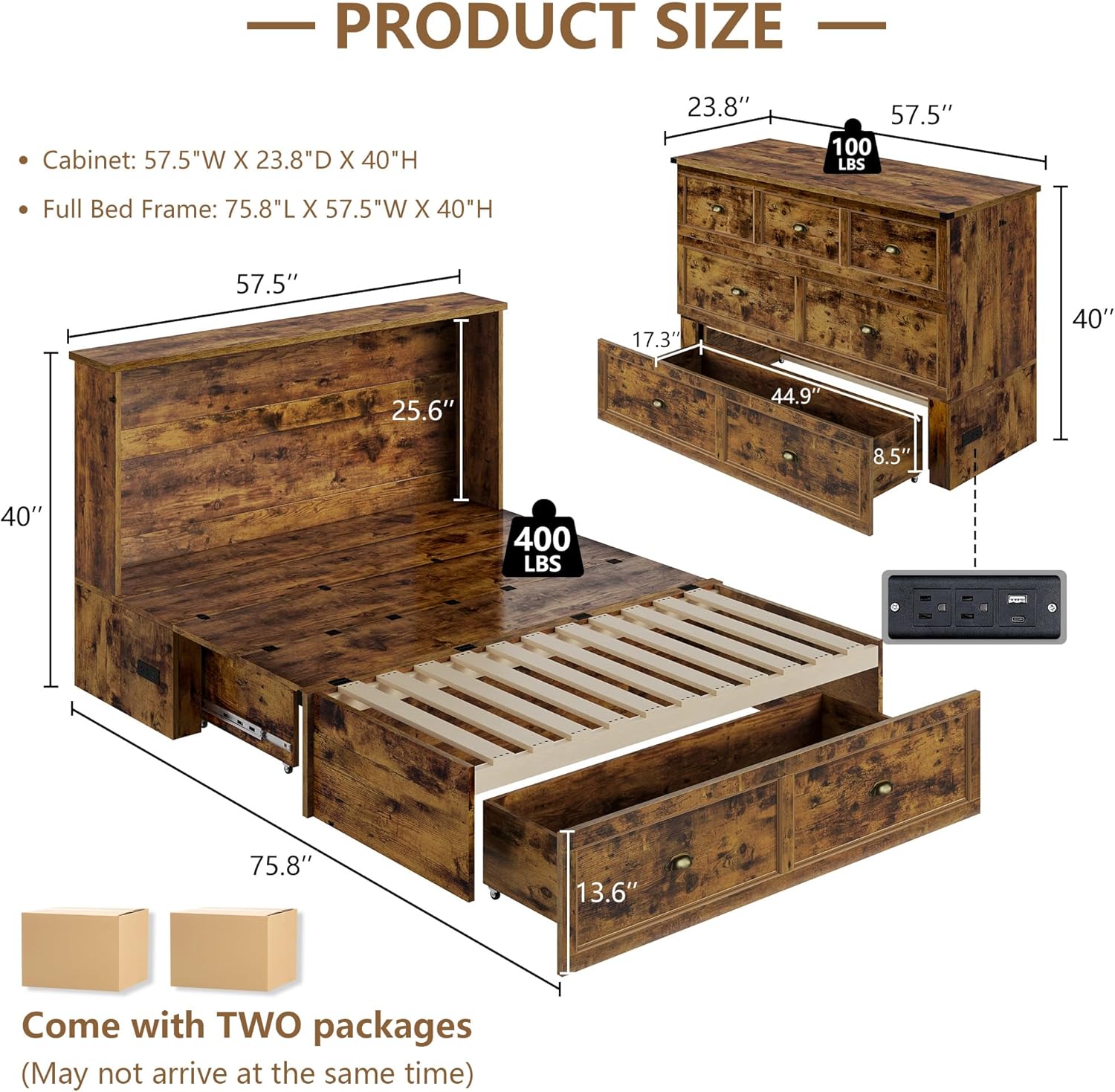 Full Size Murphy Bed with Cabinet, Rustic Brown, Charging Station ...