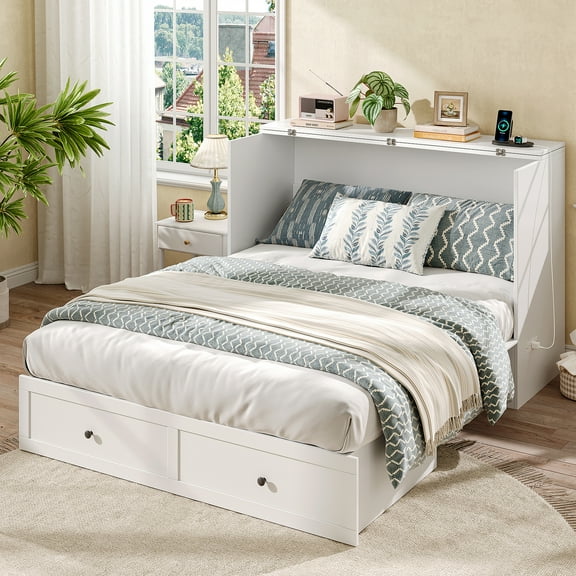 Full Size Murphy Bed with Charging Station & Drawer, Full Size Mobile Cabinet Bed Frame, Murphy Chest Bed for Bedroom, Guest Room