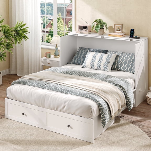 Full Size Murphy Bed with Charging Station & Drawer, Full Size Mobile Cabinet Bed Frame, Murphy Chest Bed for Bedroom, Guest Room