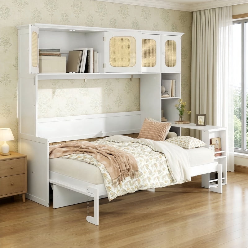 Full Size Murphy Bed with Desk and Open Shelf, Space-Saving Wall Folding Platform Bed Frame with Rattan-Door Cabinets