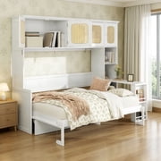 Full Size Murphy Bed with Desk and Open Shelf, Space-Saving Wall Folding Platform Bed Frame with Rattan-Door Cabinets