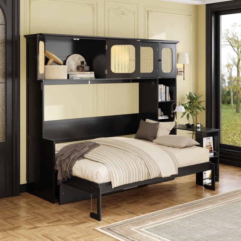 Full Size Murphy Bed with Desk and Open Shelf, Space-Saving Wall Folding Platform Bed Frame with Rattan-Door Cabinets