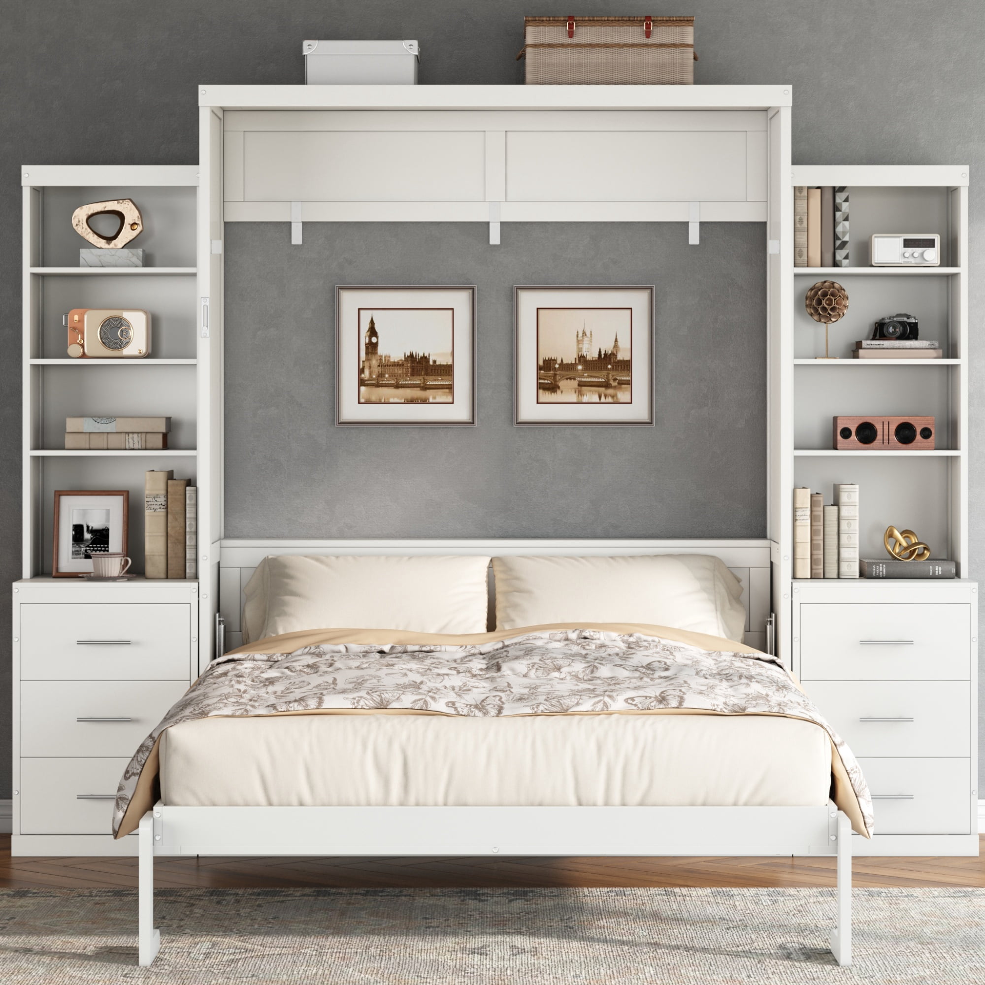 Full Size Murphy Bed with Dual 4 Storage Shelves and 3 Drawers Cabinet for Space-Saving Guest Room