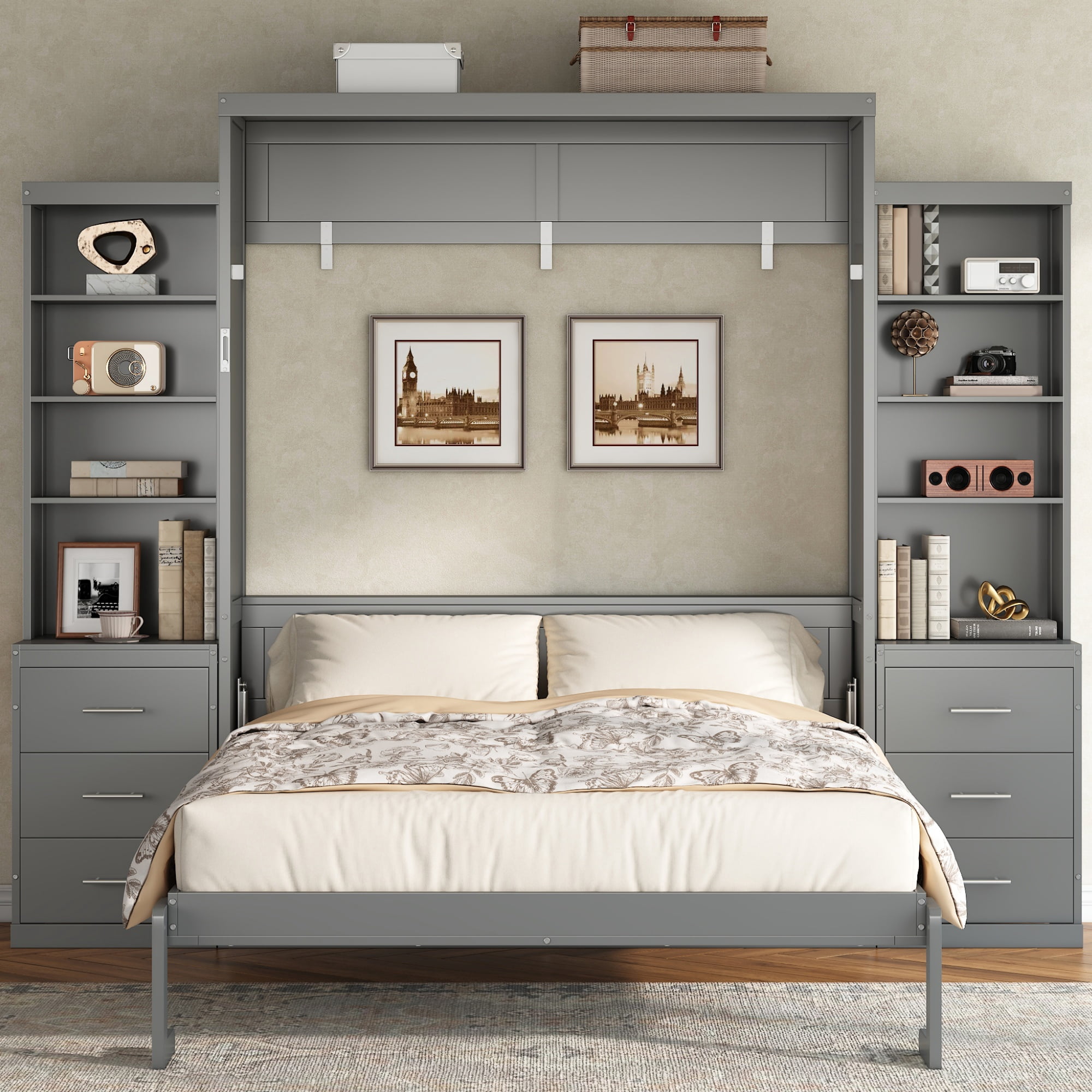 Full Size Murphy Bed with Dual 4 Storage Shelves and 3 Drawers Cabinet for Space-Saving Guest Room