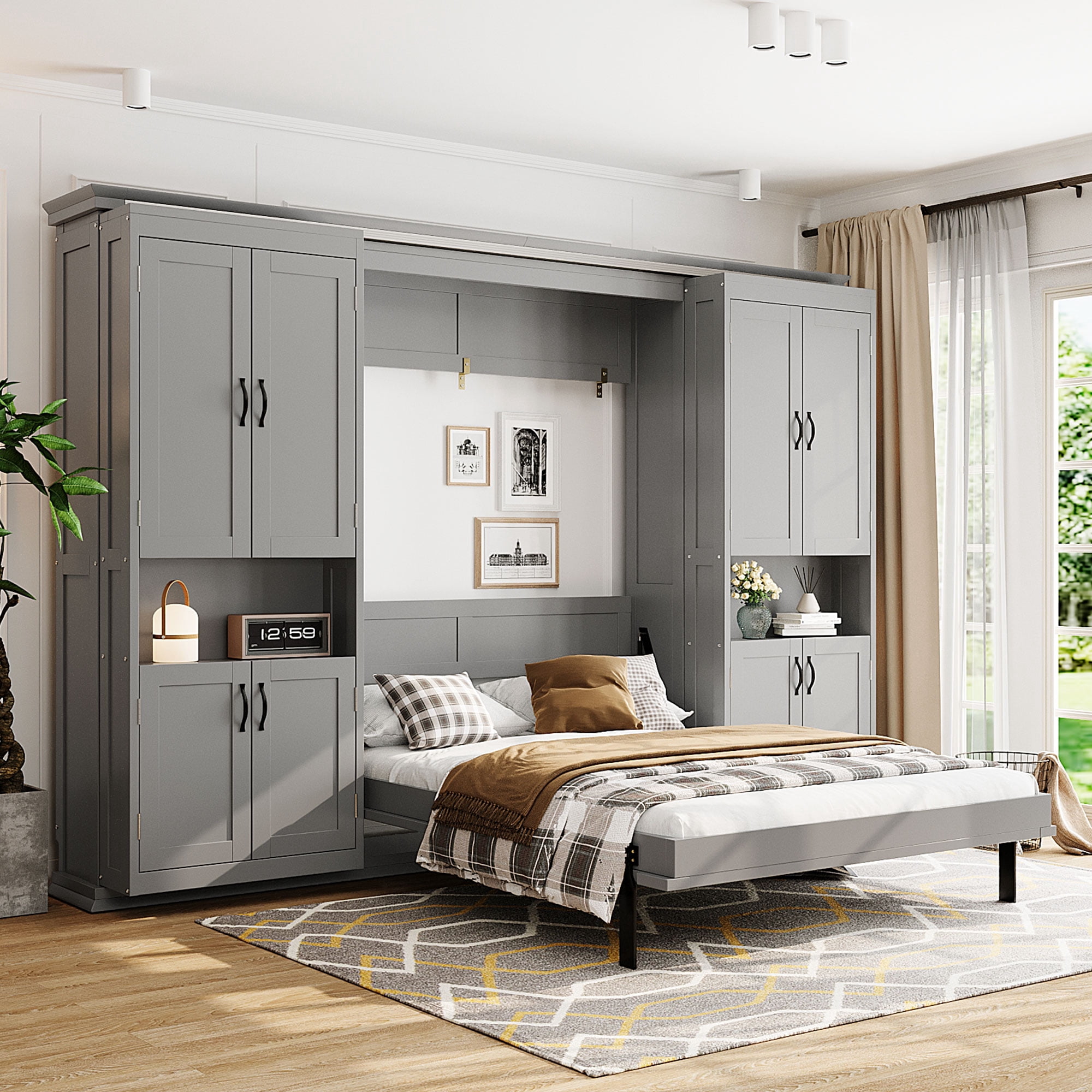 Full Size Murphy Bed with Dual Sliding Storage Cabinets, 6-Tier Open Shelves, Space-Saving for Small Space, Guest Room
