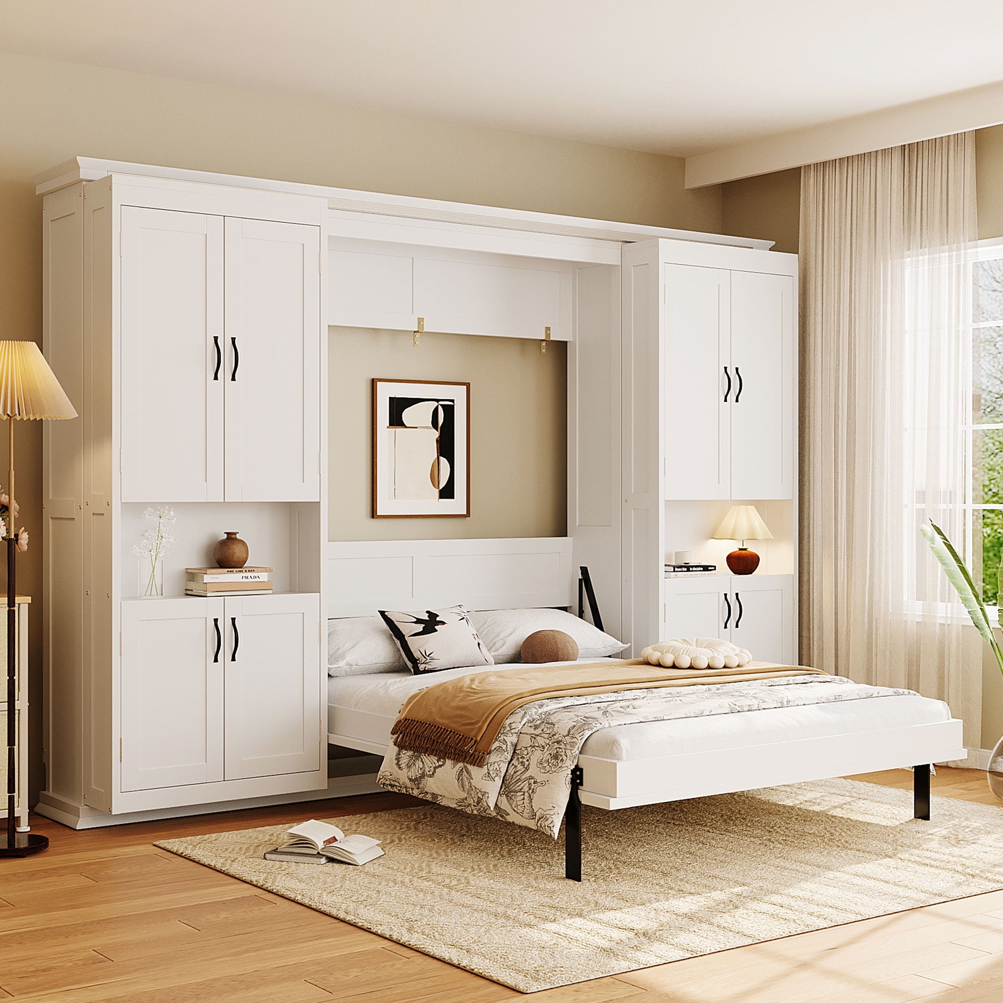 Full Size Murphy Bed with Dual Sliding Storage Cabinets, 6-Tier Open Shelves, Space-Saving for Small Space, Guest Room