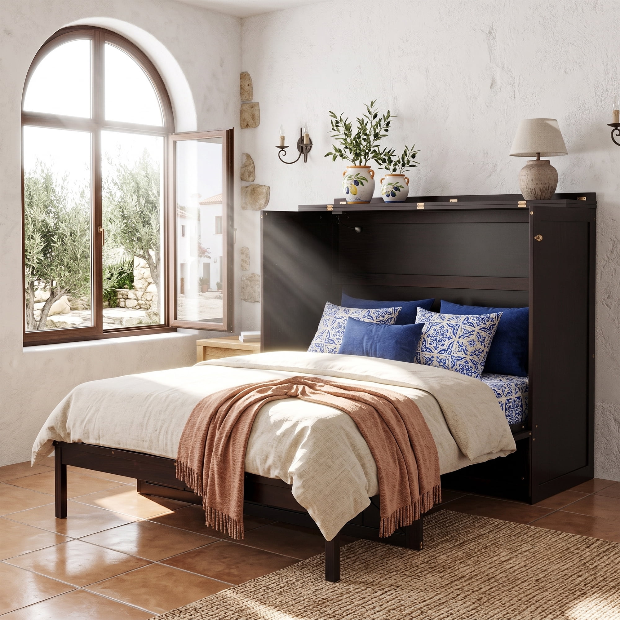 Full Size Murphy Bed with Large Drawers and Charging Station for Bedroom, Guest Room