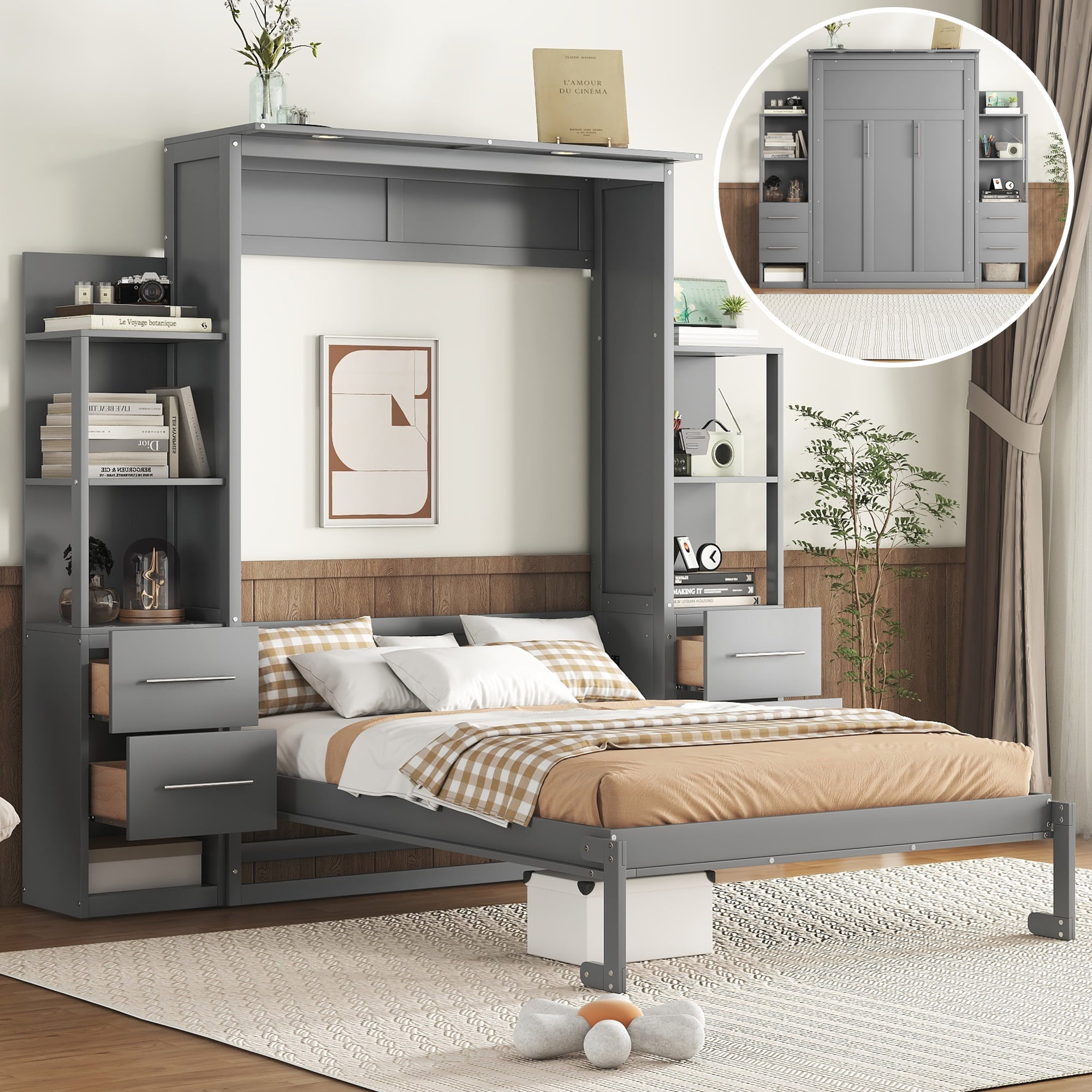 Full Size Murphy Bed with Shelves, 4 Drawers and LED Lights for Space-Saving Guest Room