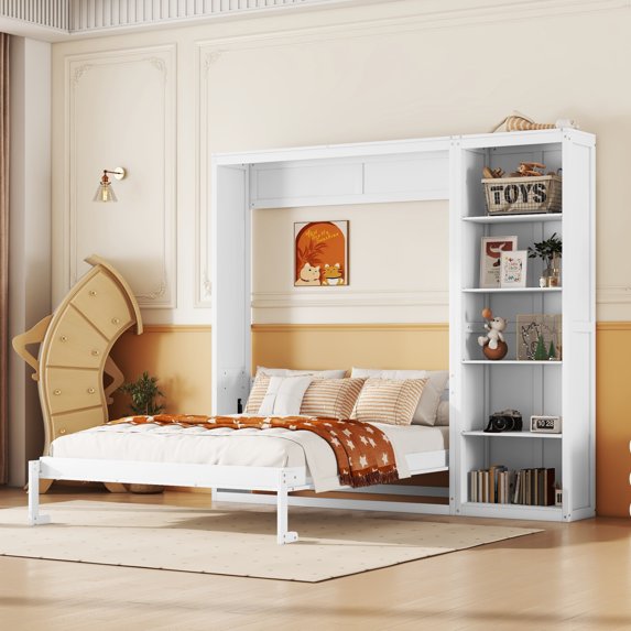 Full Size Murphy Bed with Shelves, Solid Wood Wall Bedframe for Multipurpose Guest Room or Home Office, Space-Saving, White