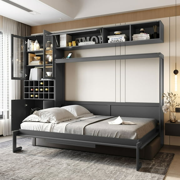 Full Size Murphy Bed Wall Bed with Sofa , Shelves USB & Light ,Gray