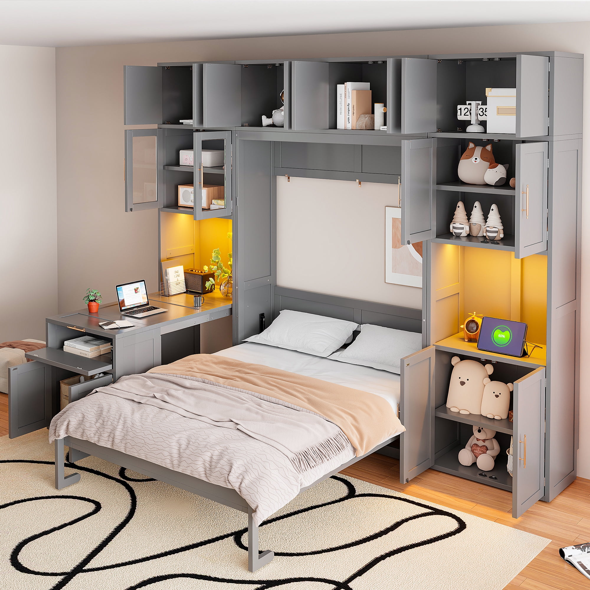 Full Size Murphy Bed with Storage Hutch, Writing Desk, USB, LED Lighted for Small Space, Guest Room