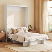 Full Size Murphy Bed with Storage Shelves, Modern Space-Saving Wall Bed Frame for Bedroom, Guest Room, White