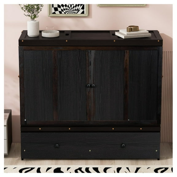 Full Size Murphy Bed with USB Port & Large Drawer, Espresso, Space-Saving Foldable Bed