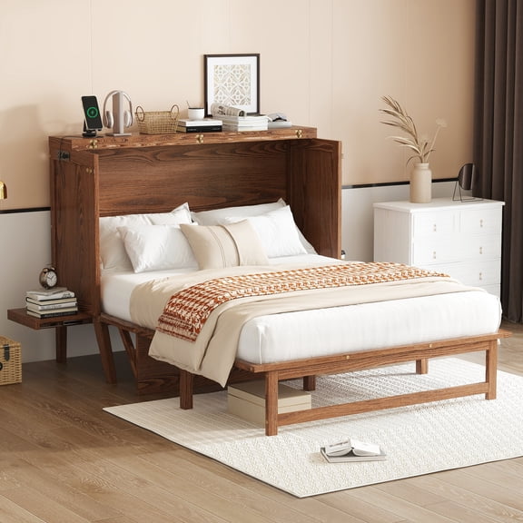 Full Size Murphy Bed with USB Port and Removable Shelves on Each Side, Solid Pine Murphy Cabinet Bed for Home Office, Guest Room, Walnut