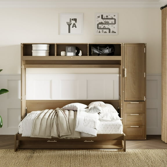 Full Size Murphy Bed with Wardrobe & Storage, Antique Gray Wood Frame, Space Saving Design