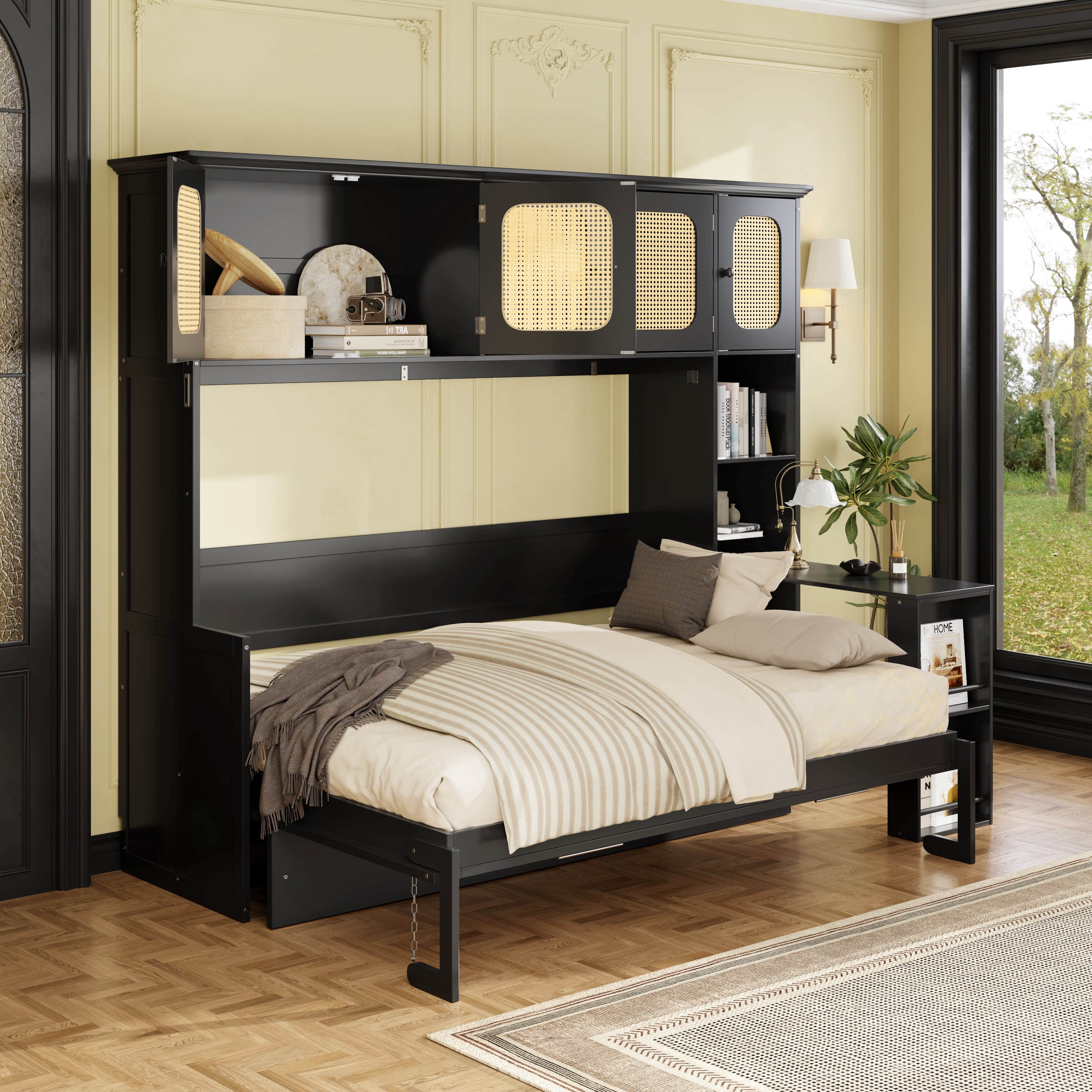 Full Size Murphy Bed with Writing Desk and Rattan Cabinets and Open Shelves for Small Space, Guest Room
