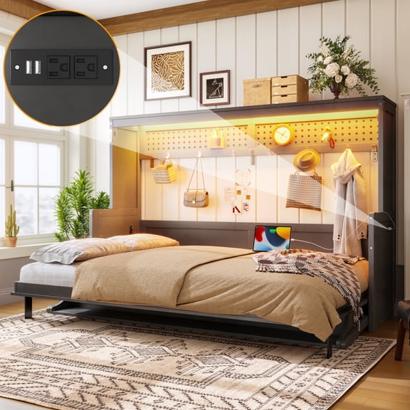 Full Size Murphy Bed with a desk, USB Charging Station,LED Lights,Dark Gray