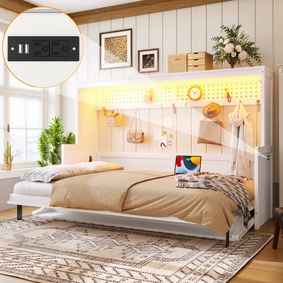 Full Size Murphy Bed with a desk, USB Charging Station, LED Lights, Space-Saving Hidden Wall Bed, White