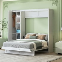 Full Size Murphy Cabinet Bed with Shelves, Wardrobe & LED Lights, Space Saving Foldable Wall Bed Frame for Small Apartments, White