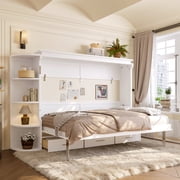 Full Size Murphy Platform Bed with Shelf, Side Cabinets, and Drawers , Home Office Space Saver,White