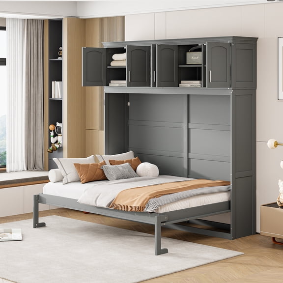 Full Size Murphy Wall Bed with Top Cabinets - Space-Saving Foldaway Bed for Studio Apartments, Guest Rooms, Home Offices - Durable Plywood & MDF, Gray