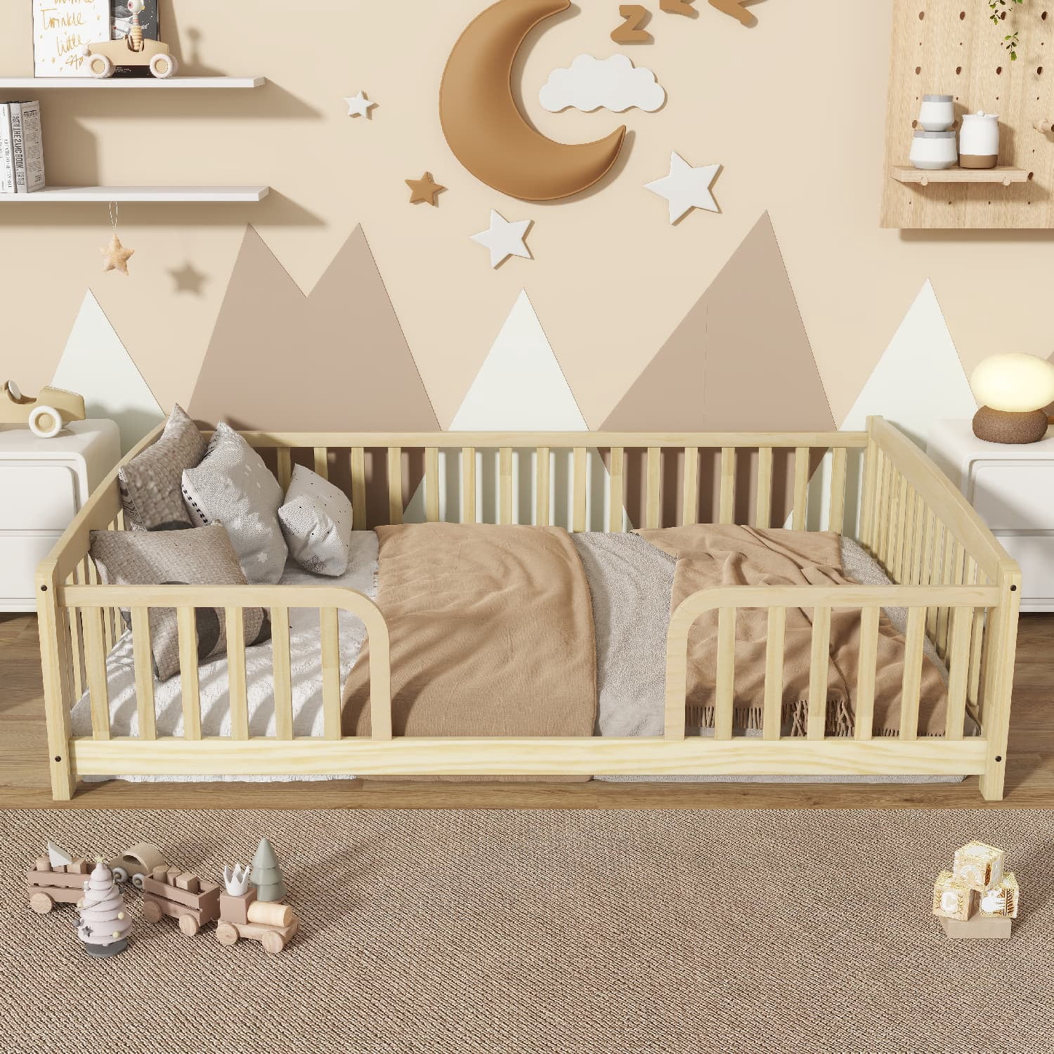 Full Size Natural Pine Wood Floor Bed with Guardrails, Kids Floor Fence Bed with Central Entrance, Rounded Corners, 300 lbs Load, No Box Spring Needed