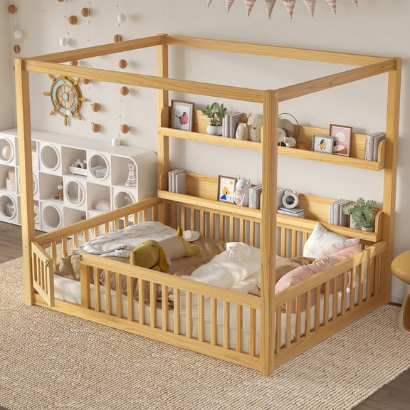 Full Size Natural Solid Wood Canopy Floor Bed with Guardrails & Shelves, No Box Spring Needed